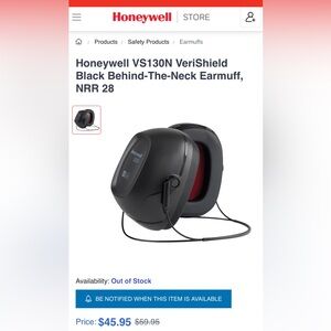 Honeywell VS130N Black Behind-The-Neck Earmuff, NRR 28 safety ear protection